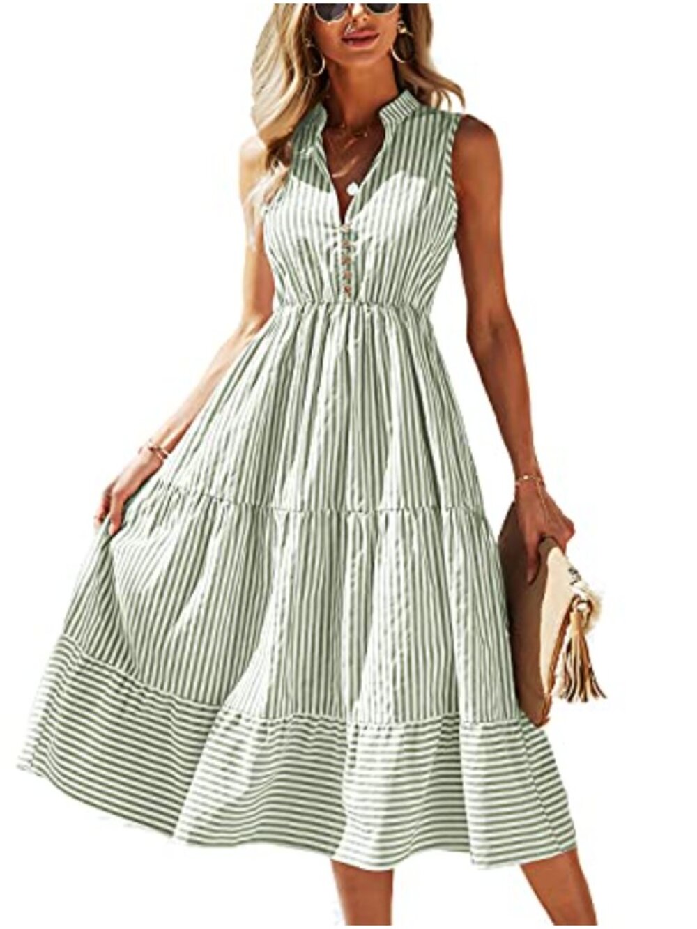 Sleeveless V-Neck Striped Button Front Midi Dress, Flowy Casual Summer Dress